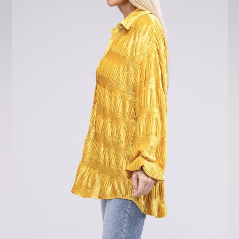 Bibi Gold Velvet Button Down Shirt Oversized Wrinkle Effect Top Mustard NWT - Picture 4 of 16